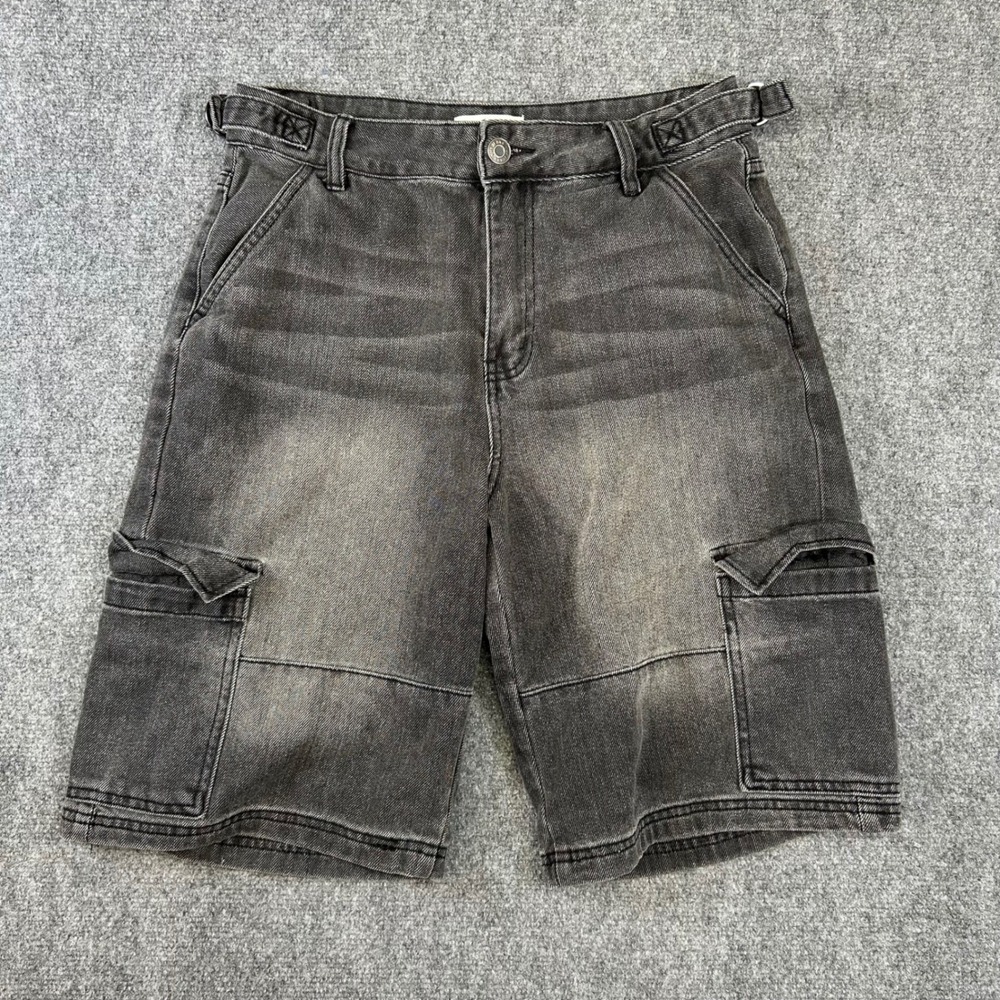 YMI Jort Mens Faded Black Denim Cargo Shorts Size 9/29 Adjustable Waist Utility